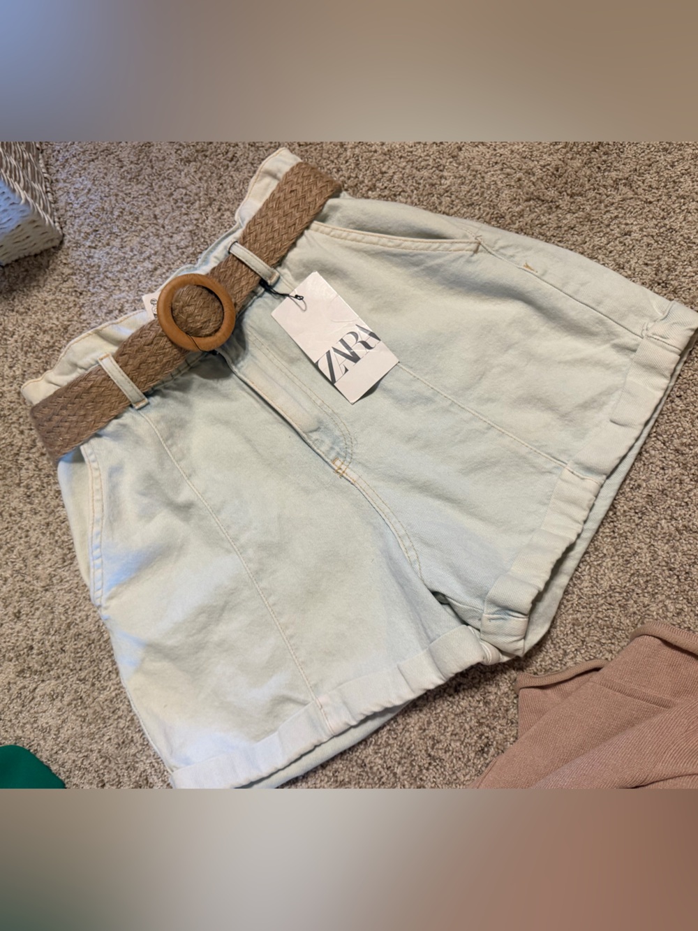 ZARA NWT Pale light Blue High-Waist Paperbag Denim Shorts with Woven Tan Belt - Picture 2 of 5